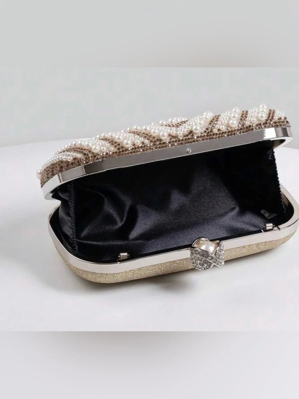 Pearl & Crystal Embellished Clutch - Champagne